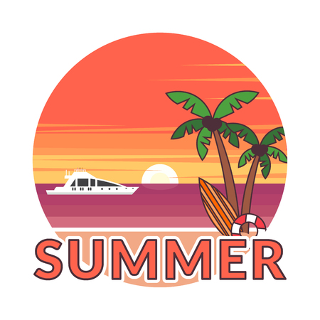 Sticker in modern flat design. The sun going down over the horizon is sunset. Summer background - sunset beach. Sea, yacht and a palm tree. Vector illustration.のイラスト素材