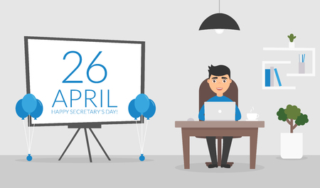 Office room on April, 26. Happy Secretarys Day. Businessman working at a computer. Cute character. Flat design. Vector illustration.のイラスト素材