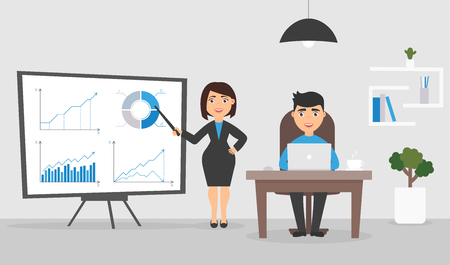 Manager sits at the desk and works on the computer, cute character flat design vector illustration.のイラスト素材