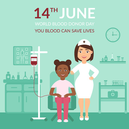 World Blood Donor Day. Medical banner your blood can save lives. Health care. A nurse or doctor at the clinic and the patient. Flat design.のイラスト素材