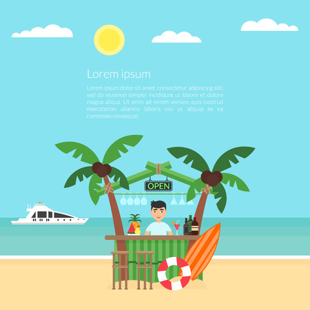 Poster the vacation at the ocean. Sea, yacht, bar and a palm tree. Modern flat design. Vector illustration. Summer background - sunset beach.のイラスト素材