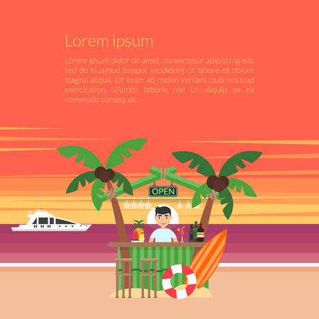 Summer background - sunset beach. Poster the vacation at the ocean. The sun going down over the horizon is sunset. Sea, yacht, bar and a palm tree. Vector illustration. Modern flat design.のイラスト素材