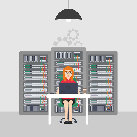 Woman System Administrator. Technologies Server Maintenance Support Descriptions. Vector illustration in flat style.のイラスト素材