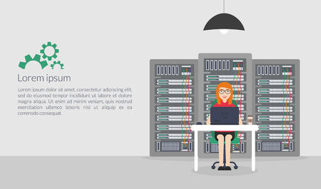 Web Banner. Woman System Administrator. Vector illustration in flat style. Technologies Server Maintenance Support Descriptions.のイラスト素材