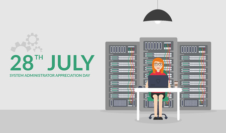 Web Banner. Woman System Administrator. Vector illustration in flat style. Technologies Server Maintenance Support Descriptions.の写真素材