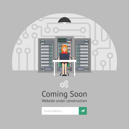 Website is under reconstruction. Girl system administrator. Website Template. Coming Soon. Vector illustration in modern flat style.のイラスト素材