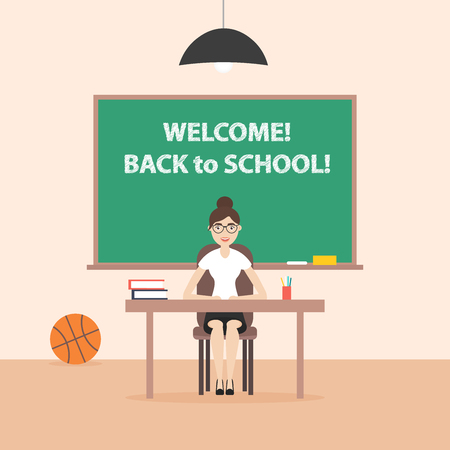 Back to school. Flat style. Teacher woman with glasses sitting at the table. Thematic illustration.のイラスト素材