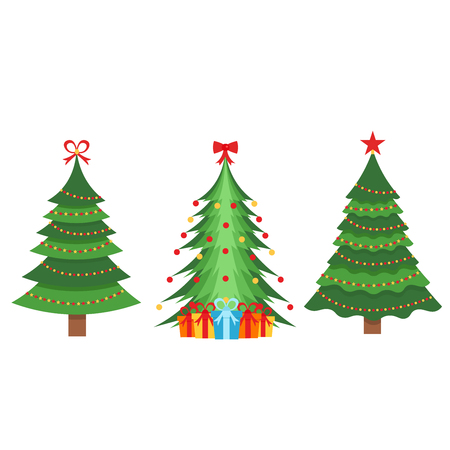 A beautiful set of Christmas green fir trees decorated with colorful garlands. Vector illustration on a white background. Modern flat design.のイラスト素材