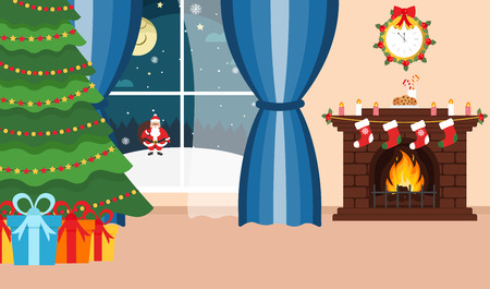 Christmas room. Santa Claus outside the window. Winter holidays. Fireplace, Christmas tree and gifts. Happy New Year and Christmas. Vector illustration.のイラスト素材