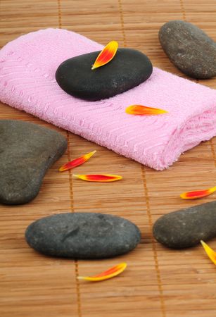 Spa set on bamboo background の写真素材