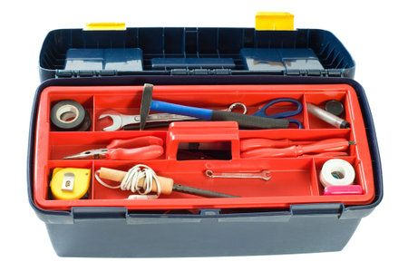 plastic toolbox and tools isolated on white background
