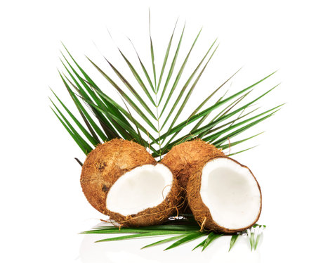 Coconut with green leaves on white background