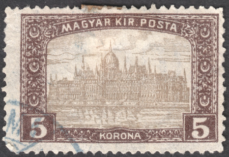 MOSCOW, RUSSIA - JANUARY, 2016: a post stamp printed in HUNGARY shows the Parliament Building in Budapest with the inscription "Magyar Kir.Posta", the series " Parliament, Budapest", circa 1917-1919のeditorial素材