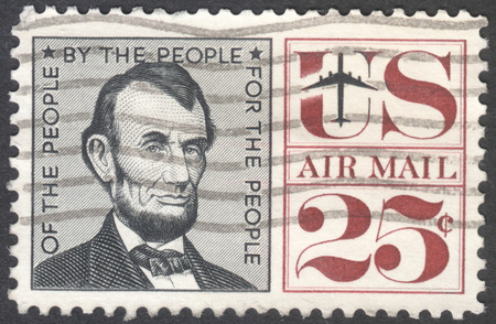 MOSCOW, RUSSIA - JANUARY, 2016: a post stamp printed in the USA shows a portrait of the President Abraham Lincoln (1809-1865), circa 1959のeditorial素材