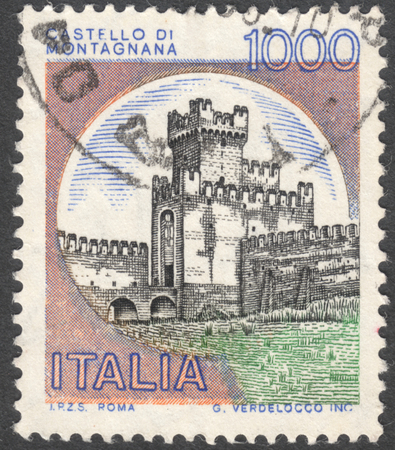 MOSCOW, RUSSIA - CIRCA JANUARY, 2016: a post stamp printed in ITALY shows a view on a castle Montagnana, the series "Castles", circa 1980のeditorial素材