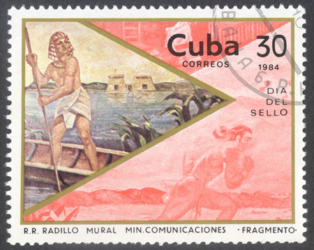 MOSCOW, RUSSIA - CIRCA JANUARY, 2016: a post stamp printed in CUBA shows the painting "Fresco Communications" by R. R. Radillo, the series "Stamp Day", circa 1984のeditorial素材