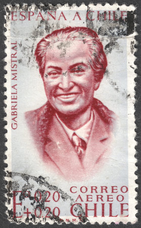 MOSCOW, RUSSIA - JANUARY, 2016: a post stamp printed in CHILE shows a portrait of Gabriela Mistral, the series "Earthquake Relief Fund - Inscribed "ESPANA A CHILE", circa 1961のeditorial素材