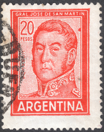 MOSCOW, RUSSIA - JANUARY, 2016: a post stamp printed in ARGENTINA shows a portrait of General San Martin, circa 1967のeditorial素材