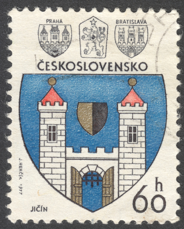 MOSCOW, RUSSIA - CIRCA JANUARY, 2016: a post stamp printed in CZECHOSLOVAKIA shows arms of Jicin, the series "Coats of Arms of Czechoslovak Towns", circa 1977のeditorial素材