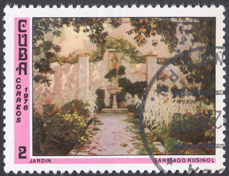 MOSCOW, RUSSIA - CIRCA FEBRUARY, 2016: a post stamp printed in CUBA shows painting "Garden" by Santiago Rusinol, the series "National Museum Paintings", circa 1976のeditorial素材