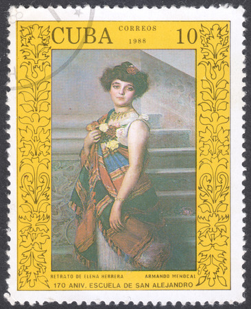 MOSCOW, RUSSIA - CIRCA FEBRUARY, 2016: stamp printed in CUBA shows "Portrait of E.Herrera" by A.Menocal, the series "The 170th Anniversary of The San Alejandro Arts School, Havana", circa 1988のeditorial素材
