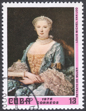 MOSCOW, RUSSIA - CIRCA FEBRUARY, 2016: a post stamp printed in CUBA shows painting "Portrait of a Lady" by Louis Michel Van Loo, the series "National Museum Paintings", circa 1976のeditorial素材