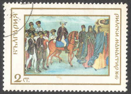 MOSCOW, RUSSIA - CIRCA JANUARY, 2016: a post stamp printed in BULGARIA, the series "The 1000th Anniversary of the Rila Monastery", circa 1968のeditorial素材