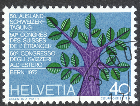 MOSCOW, RUSSIA - CIRCA APRIL, 2016: a post stamp printed in SWITZERLAND, devoted to the 50th annual congress of Swiss citizens living abroad, Bern, circa 1972のeditorial素材