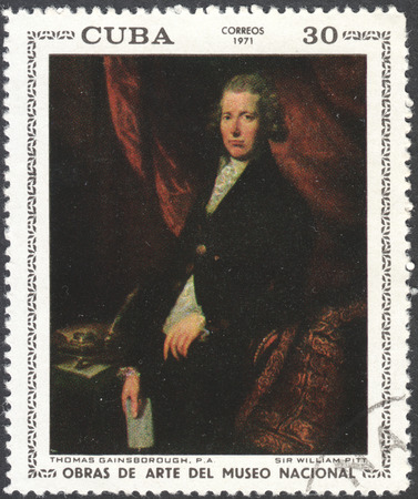 MOSCOW, RUSSIA - CIRCA FEBRUARY, 2016: a post stamp printed in CUBA shows a picture "Portrait of Sir William Pitt" by Thomas Gainsborough, the series ""National Museum Paintings", circa 1971のeditorial素材