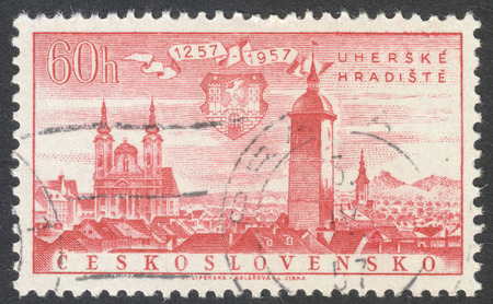 MOSCOW, RUSSIA - CIRCA APRIL, 2016: a post stamp printed in CZECHOSLOVAKIA shows Uherske Hradiste town, the series "Towns and Monuments Anniversaries", circa 1957のeditorial素材