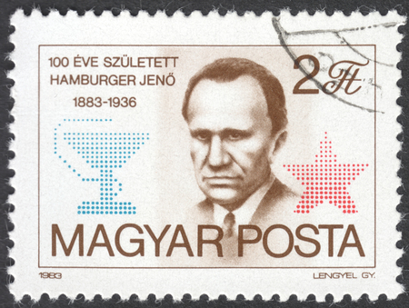 MOSCOW, RUSSIA - CIRCA JUNE, 2016: a post stamp printed in HUNGARY, dedicated to the 100th Anniversary of the Birth of Jeno Hamburger, circa 1983のeditorial素材