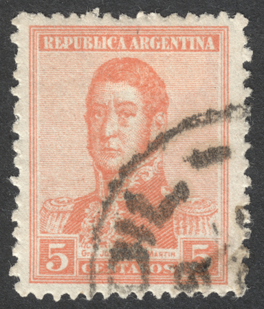 MOSCOW, RUSSIA - CIRCA AUGUST, 2016: a stamp printed in ARGENTINA shows a portrait of General San Martin, the series "General San Martin", circa 1920-1930sのeditorial素材