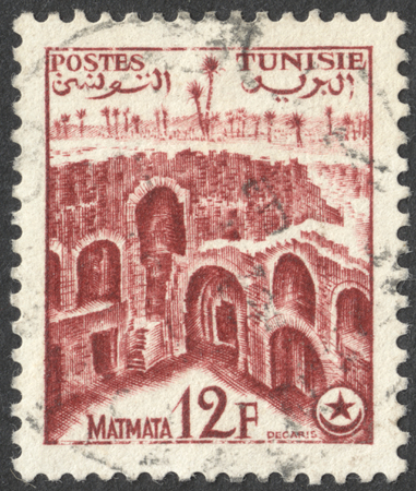 MOSCOW, RUSSIA - CIRCA AUGUST, 2016: a stamp printed in TUNISIA shows Matmata, the series "Tourism", circa 1954のeditorial素材
