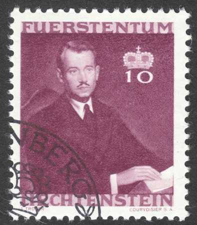 MOSCOW, RUSSIA - CIRCA AUGUST, 2016: a stamp printed in LIECHTENSTEIN shows a portrait of Prince Franz Josef I, the series "Wedding of Prince Franz Josef I & Countess Gina von Wilczek", circa 1943のeditorial素材