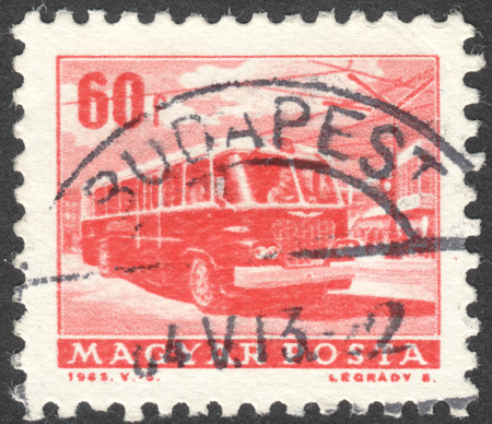 MOSCOW, RUSSIA - CIRCA SEPTEMBER, 2016: a stamp printed in HUNGARY shows a trolleybus, the series "Kinds of Transport", circa 1963のeditorial素材