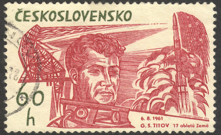 MOSCOW, RUSSIA - CIRCA OCTOBER, 2016: a stamp printed in CZECHOSLOVAKIA shows a portrait of Gherman Titov, the series "Space Exploration", circa 1964のeditorial素材