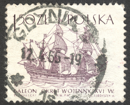 MOSCOW, RUSSIA - CIRCA OCTOBER, 2016: A post stamp printed in Poland shows a galeon ship, the series "Sailboats", circa 1965のeditorial素材