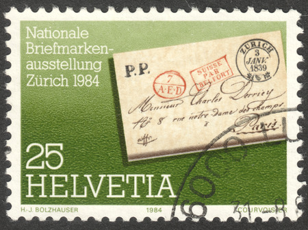 MOSCOW, RUSSIA - CIRCA NOVEMBER, 2016: a post stamp printed in SWITZERLAND shows a pre-philatelistic letter, circa 1984のeditorial素材