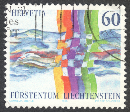 MOSCOW, RUSSIA - CIRCA JANUARY, 2017: a post stamp printed in SWITZERLAND shows coloured lines crossing a river, dedicated to the Treaty Switzerland-Liechtenstein, circa 1995のeditorial素材