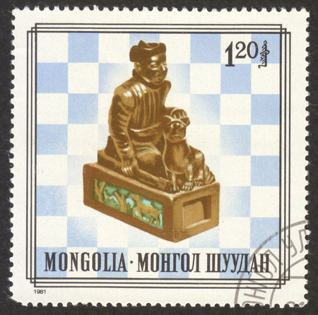 MOSCOW RUSSIA - CIRCA OCTOBER 2017: a post stamp printed in MONGOLIA shows a Mongolian chess figure, the series "The Mongolian chess figures", circa 1981のeditorial素材