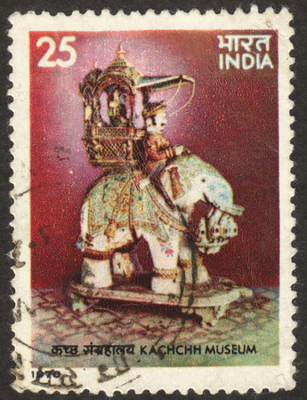 MOSCOW RUSSIA - CIRCA NOVEMBER 2017: a post stamp printed in INDIA shows Elephant Aivavat, the series "Treasures from  the Indian Museums", circa 1978のeditorial素材