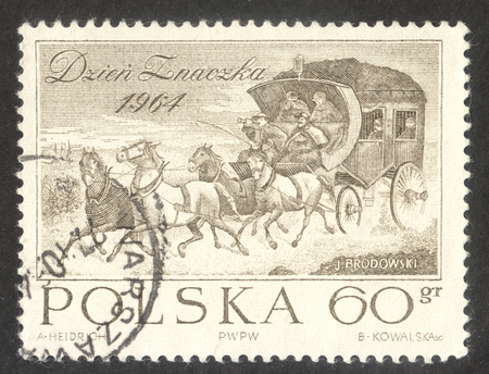 MOSCOW RUSSIA - CIRCA NOVEMBER 2017: a post stamp printed in POLAND shows painting "Stagecoach" by J.Brodowski, the series "The Stamp Day", circa 1964のeditorial素材