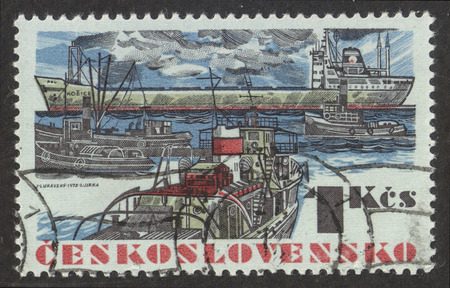 MOSCOW RUSSIA - CIRCA NOVEMBER 2017: a post stamp printed in CZECHOSLOVAKIA shows the tanker "Kosice", the series "The Czechoslovak Ocean-going Ships", circa 1972のeditorial素材