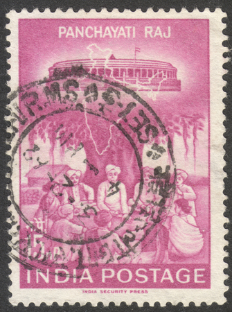 MOSCOW RUSSIA - CIRCA NOVEMBER 2017: a post stamp printed in INDIA shows Inaugaration Panchayati System Local Government, circa 1962のeditorial素材