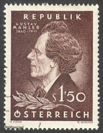 MOSCOW RUSSIA - CIRCA NOVEMBER 2017: a post stamp printed in AUSTRIA shows a portrait of Gustav Mahler, circa 1960のeditorial素材
