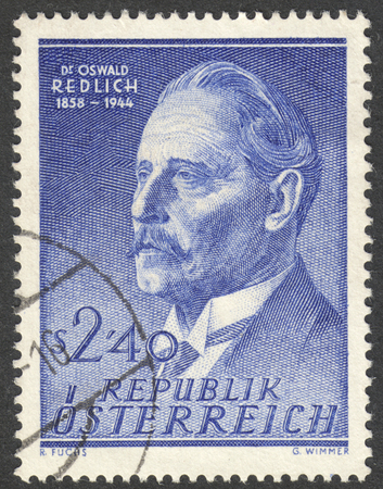 MOSCOW RUSSIA - CIRCA NOVEMBER 2017: a post stamp printed in AUSTRIA shows a portrait of Dr. Oswald Redlich, circa 1958のeditorial素材