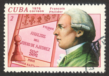 MOSCOW RUSSIA - CIRCA NOVEMBER 2017: a post stamp printed in CUBA shows a portrait of Francois Philidor, the series "History of chess", circa 1976のeditorial素材