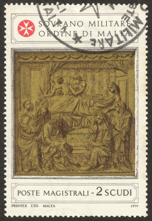 MOSCOW RUSSIA - CIRCA DECEMBER 2017: a post stamp printed in MALTA shows the sculpture "Birth of St. John the Baptist", the series "Sculptures", circa 1979のeditorial素材