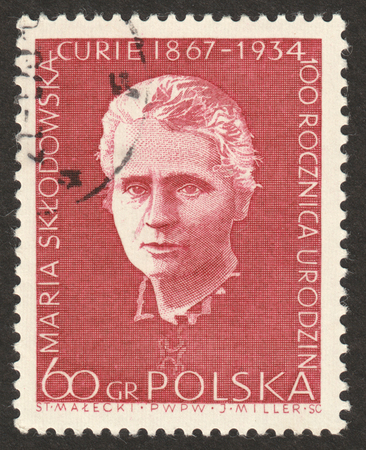 MOSCOW, RUSSIA - DECEMBER, 2017: a post stamp printed in POLAND shows a portrait of  Marie Curie, circa 1967のeditorial素材