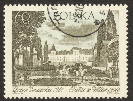 MOSCOW, RUSSIA - DECEMBER, 2017: a post stamp printed in POLAND shows the painting "Wilanow palace" by Wincenty Kasprzycki, circa 1967のeditorial素材